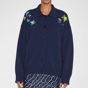 Marni 100% Wool Navy Beaded Sweater Cardigan